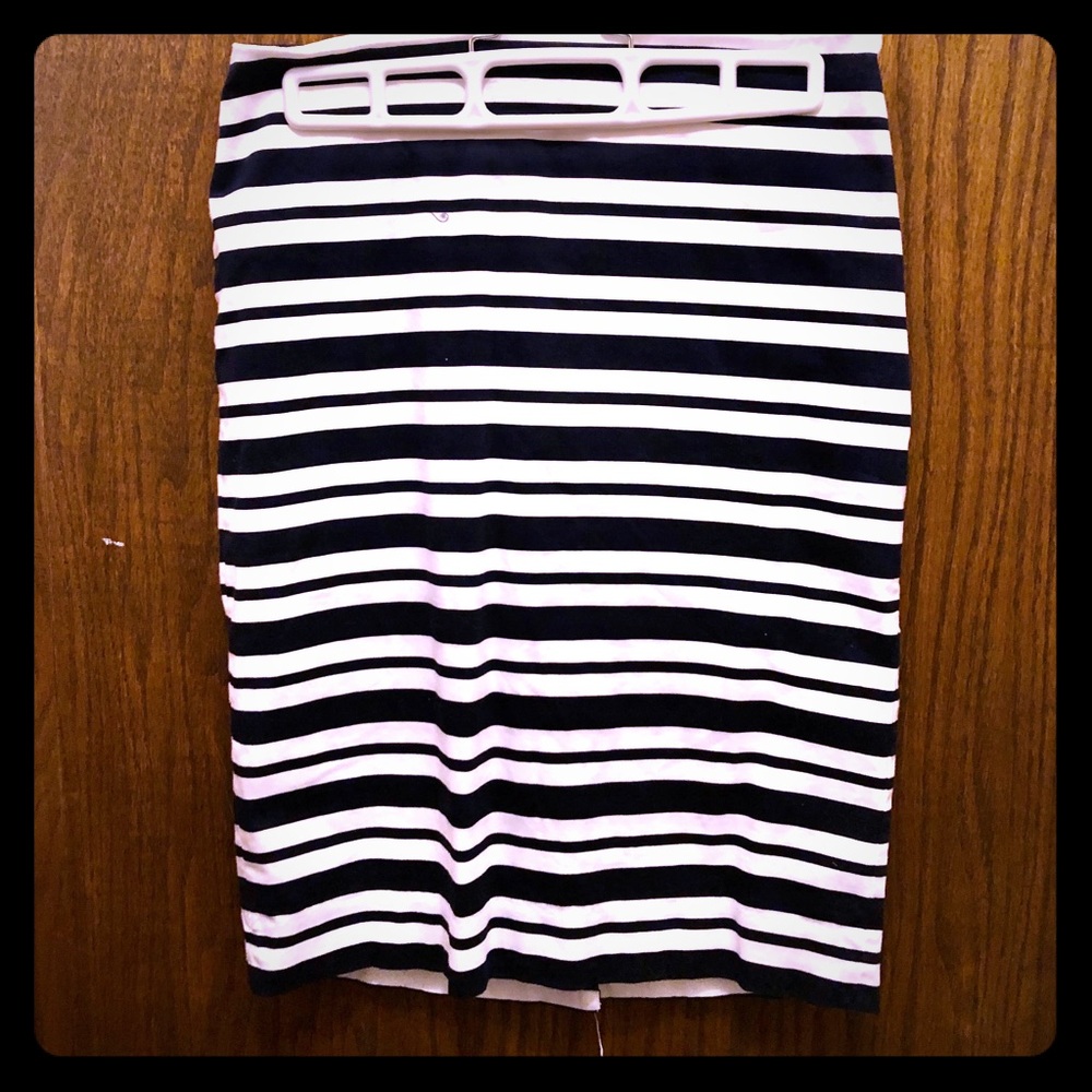 Navy blue and white striped pencil skirt